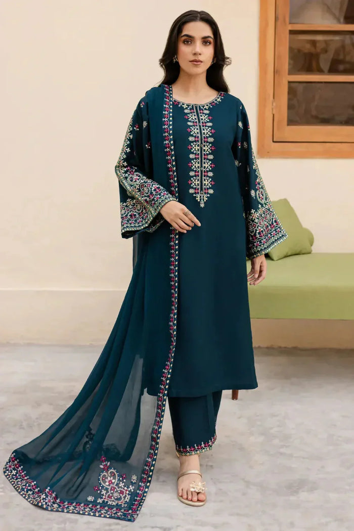 Batik Premium Dhanak Fabric Unstitched 3-Piece Heavy Embroidered Suit with Embroidered Trouser & Pallu Motif Shawl