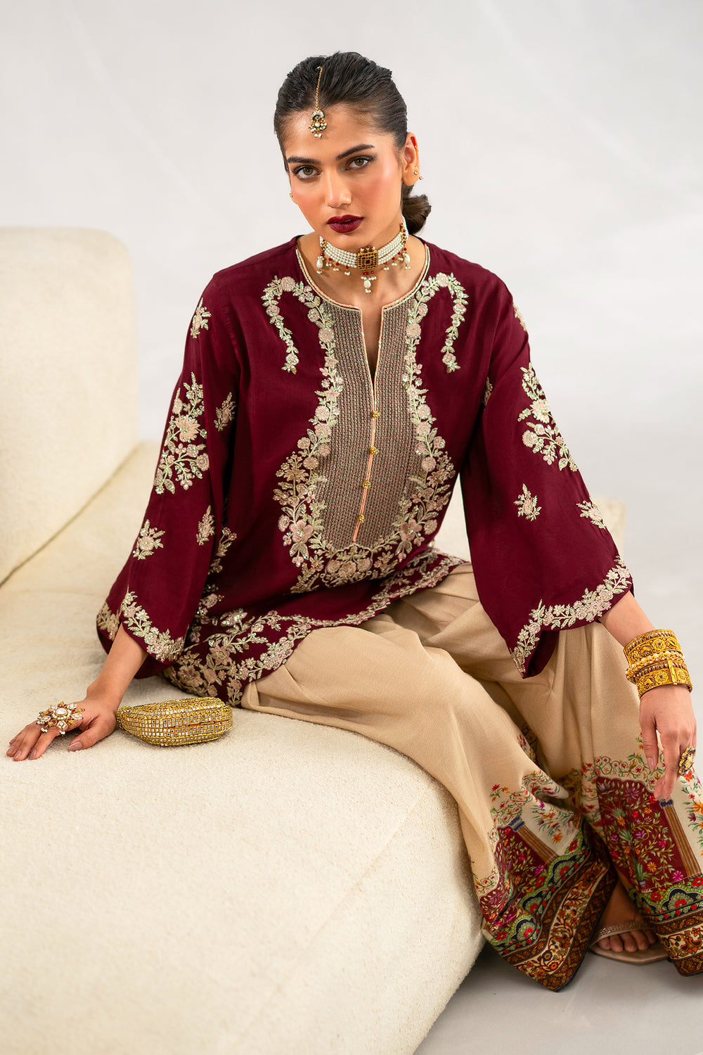 ETHNIC-2PC SILK EMBROIDERED SHIRT WITH PRINTED SILK TROUSER