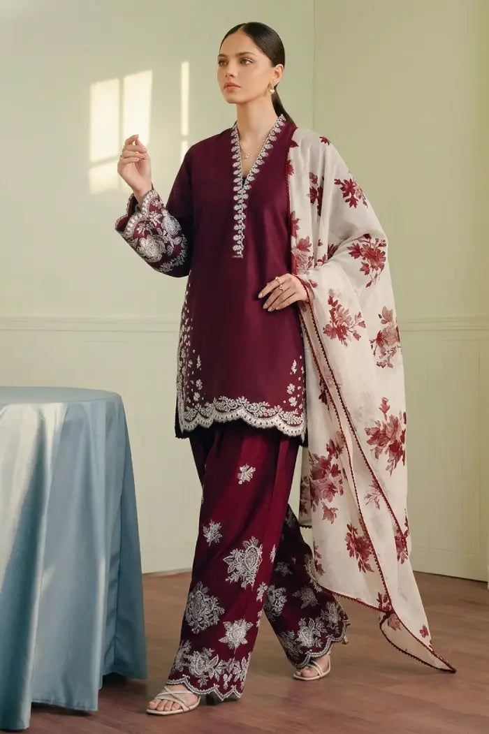 Zara Shahjahan Dhanak 3-Piece Heavy Embroidered Suit with Printed Wool Shawl