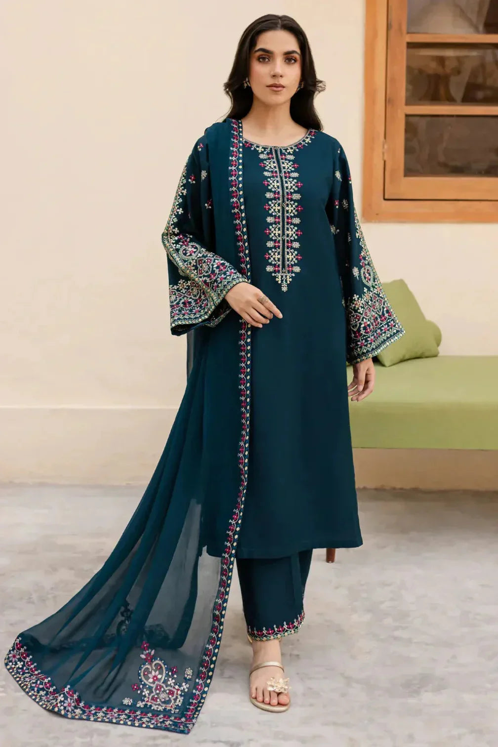 Batik Premium Dhanak Fabric Unstitched 3-Piece Heavy Embroidered Suit with Embroidered Trouser & Pallu Motif Shawl