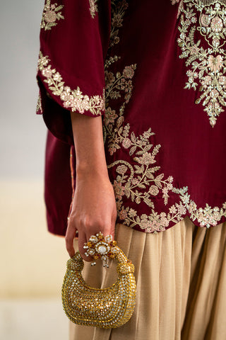 ETHNIC-2PC SILK EMBROIDERED SHIRT WITH  PRINTED SILK TROUSER