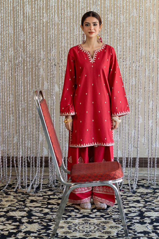 Red Rose 2 Piece - Unstitched Dhanak Embroidered Suit