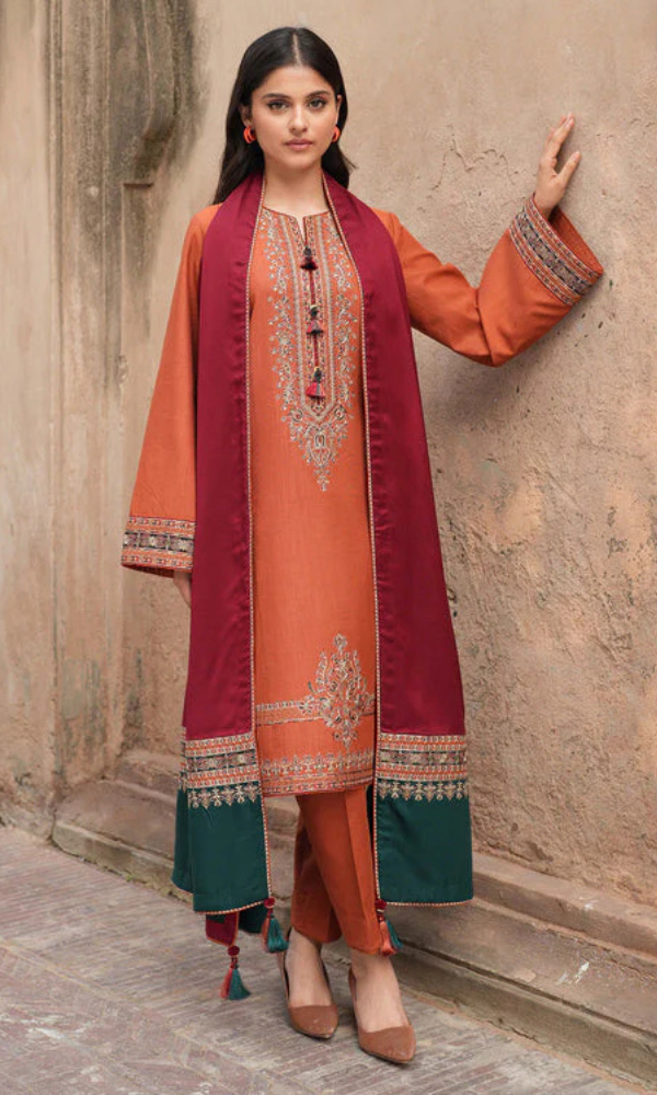 Jazmin Dhanak 3-Piece Heavy Embroidered Suit with Printed Wool Shawl