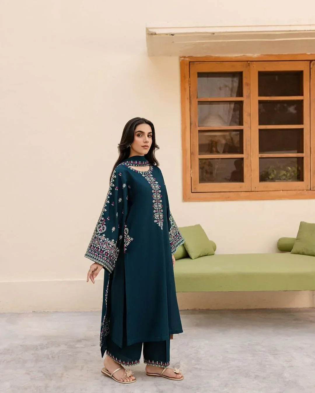 Batik Premium Dhanak Fabric Unstitched 3-Piece Heavy Embroidered Suit with Embroidered Trouser & Pallu Motif Shawl