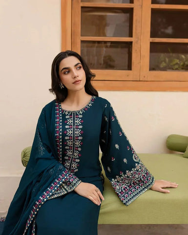 Batik Premium Dhanak Fabric Unstitched 3-Piece Heavy Embroidered Suit with Embroidered Trouser & Pallu Motif Shawl