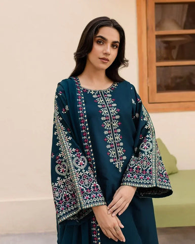 Batik Premium Dhanak Fabric Unstitched 3-Piece Heavy Embroidered Suit with Embroidered Trouser & Pallu Motif Shawl