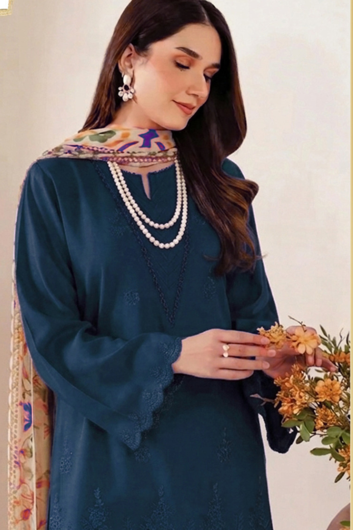 Sapphire - Dhanak 3-Piece Unstitched Embroidered Suit