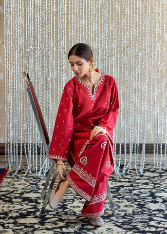 Red Rose 2 Piece - Unstitched Dhanak Embroidered Suit