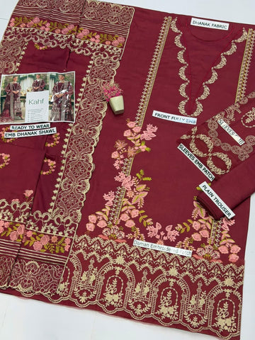 KAHF - Dhanak 3-Piece Unstitched Embroidered Suit