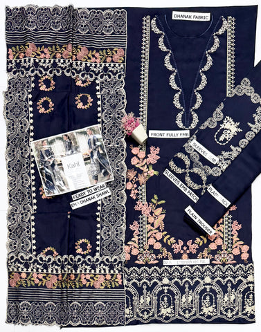 KAHF - Dhanak 3-Piece Unstitched Embroidered Suit