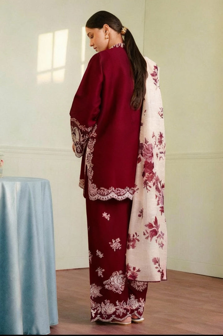 Zara Shahjahan Dhanak 3-Piece Heavy Embroidered Suit with Printed Wool Shawl