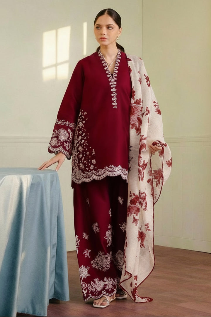 Zara Shahjahan Dhanak 3-Piece Heavy Embroidered Suit with Printed Wool Shawl